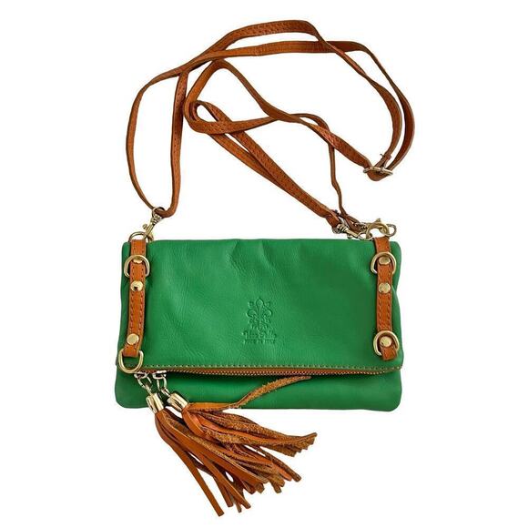 Vera Pelle Calfskin Leather Crossbody Bag Kelly Green Large Wristlet - Picture 1 of 15